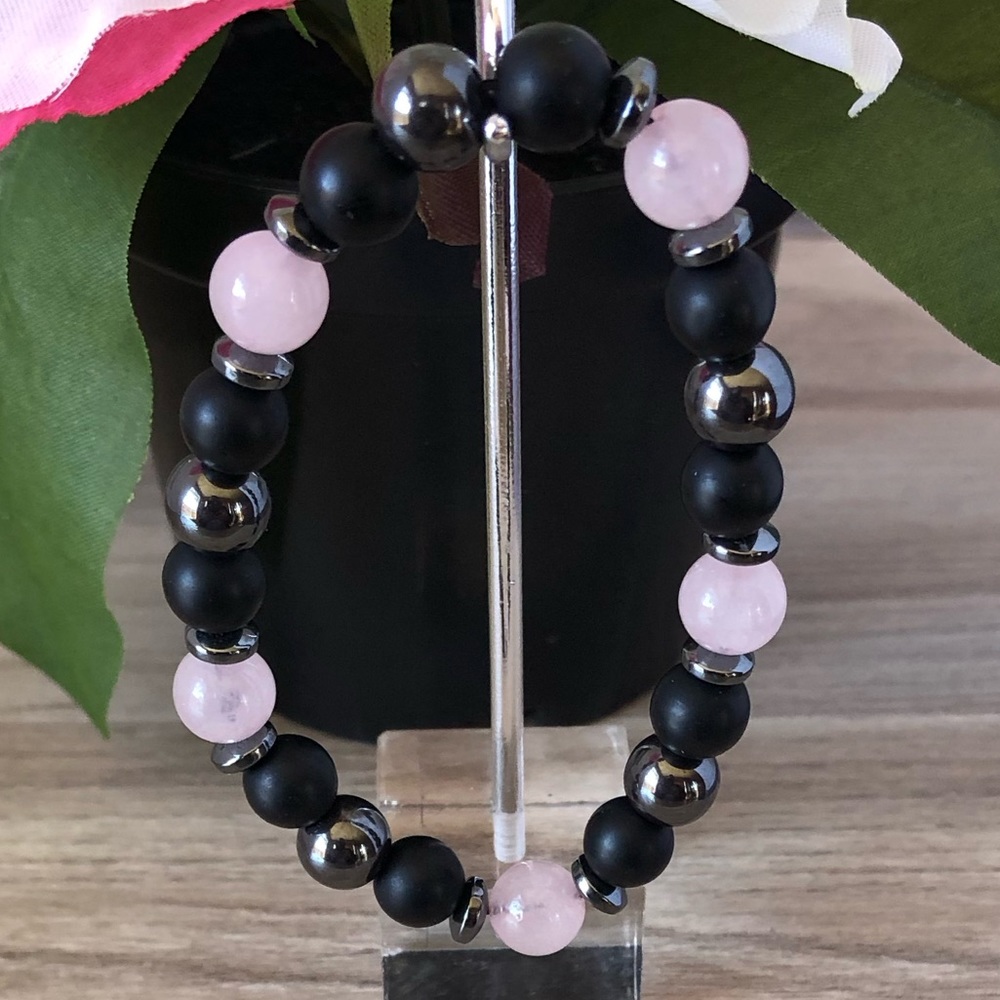 Natural Rose Quartz Stone Stretchable Hematite Round Beaded Bracelet